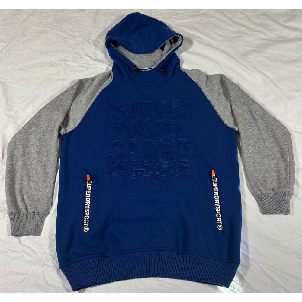 Vintage Superdry Mens Sport Pullover Hoodie Heather Gray Blue Raglan Sleeve XL